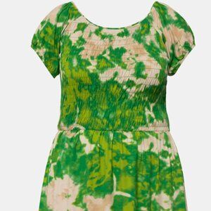 Half-Sleeve Smocked Bust All-Over Print Crew Neck Jersey Maxi Dress